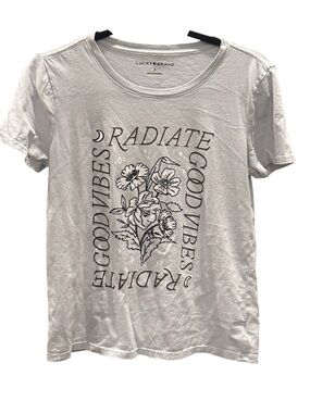 Lucky Brand White Tee with Black Floral 'Radiate Good Vibes' Graphic
